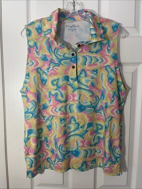 Kenny Flowers funky town fish sleeveless polo top pink blue point collar XL